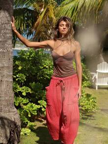 Womens Summer Palazzo Harem Pants Drawstring Lantern Beach Pant Ankle Vacation Pant With Pocket Vintage Clothes Y2K Streetwear - 紅色 - 查看 3