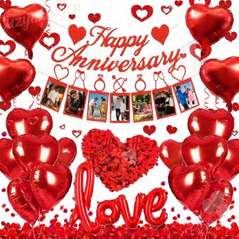 Red Glitter Happy Anniversary Decorative Banner, Holds Photos With Fake Flower Petals And Red Heart Love Letter Foil Balloons, Suitable For Valentine's Day, Birthday, Wedding, Proposal Party, New Year Decoration