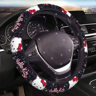  Sanrio Universal 38,1 cm rattöverdrag för sedaner, stadsjeepar etc. Elastisk passform, ingen innerring, har en söt Hello Kitty-design, hållbart polyestermaterial lämpligt för de flesta bilmodeller, tillverkat av polyesterfiber, mjukt och bekvämt, enkelt att installera.
