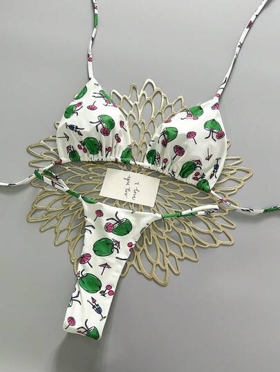 2 piezas Bikini con estampado floral bohemio con lazos y trenzas, conjunto casual elegante y sexy para vacaciones en la playa, primavera/verano