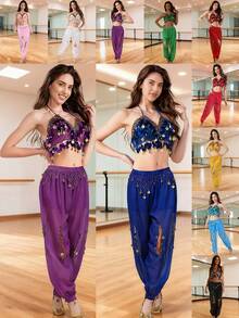 Glittering Coin Adorned Belly Dance Two Pieces Performance Accessory Set (Multiple Colors Available) - Multicolor - View 2