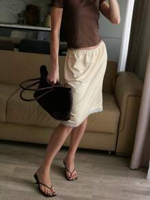 Women's Half Slip Satin Lace Long Underskirt Elastic Waist Low Rise Lace Trim A Line Flowy Silky Mid Skirt For Under Dress Skirt Extenders Skirt Casual Going Out Skirts Streetwear - 黃色 - 查看 4