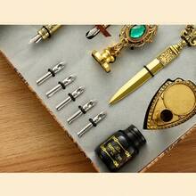 Calligraphy Pen Set With Luxury Vintage Signature Pen Replacement Tip Ink Wax Sticks Melting Spoon Dip Pen Candle Stamp Letter Opener Pen Stand Base Calligraphy Set #81