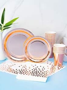 Rose Gold Disposable Plate, Napkin, Cup Set, Plates, Napkins And Cups Party Supplies, Serves 8 Guests, Disposable Paper Plates Party Tableware Suitable For Birthday, Wedding, Theme Party, Family Picnic - Multicolor - View 3