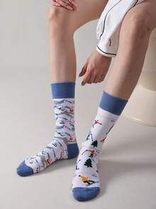 1 Pair Cute Skiing AB Pattern Mid-Calf Socks, Versatile For Daily Wear And Parties - Multicolor - View 3