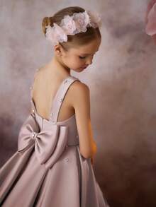 Tween Girl Pink Beaded Bow Trailing Long Dress, Elegant Party Gown, Princess Dress Suitable For Girls Birthday Party, Banquet, Prom, Wedding Bridesmaid, Flower Girl, Holiday Celebration - Pink - View 5