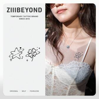 1张幸运星草本风临时纹身贴纸，星星和四叶草图案，韩式/Y2K/Kpop风格，防水防汗，持久耐用