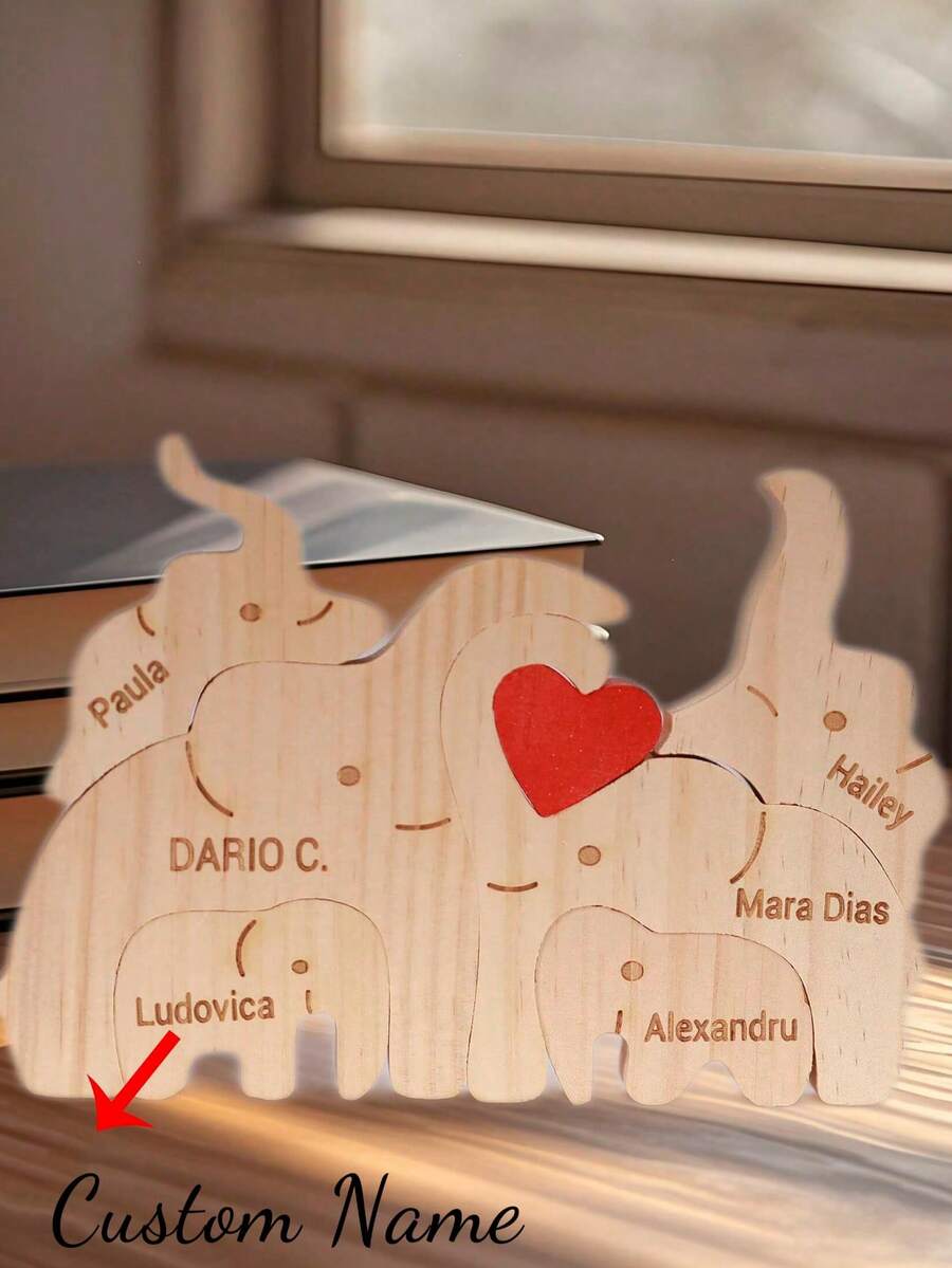 Personalisierter Liebes-Familie Elefant Holzpuzzle Ornament mit individuellem Namen, personalisierte Elefanten Statue, tolles Geschenk zum Vatertag, Muttertag, Valentinstag, Geburtstag