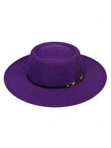 1pc Solid Color Wide Brim Indented Crown Felt Hat, French Fashion Round Top Wool Felt Hat, Wide Brim Church Derby Hat Retro British Style, Suitable For Travel, Vacation, Beach, Daily Use - A - View 9
