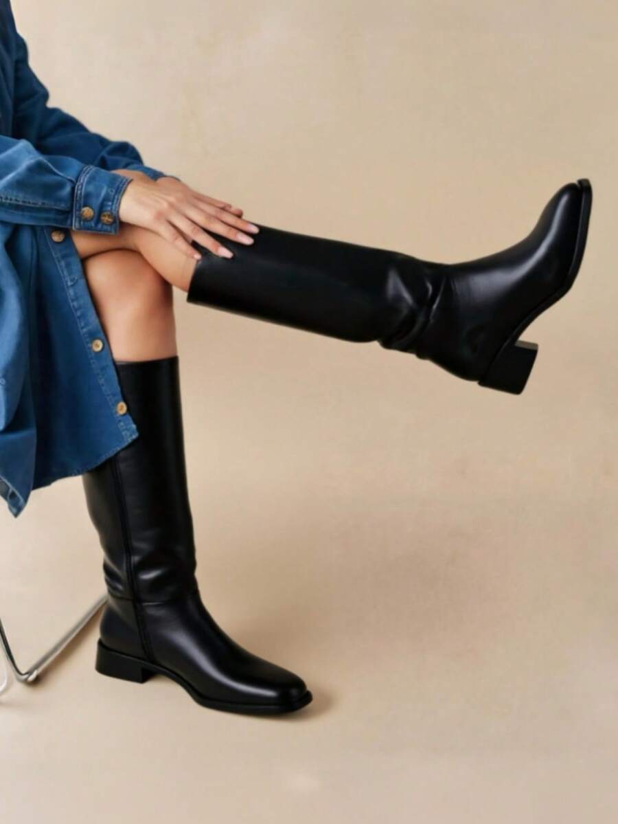 Botas altas hasta la rodilla para mujer con punta redonda, planas, de pantorrilla ancha, botas largas, botas de montar, botas de caballero con cremallera lateral, adecuadas para uso al aire libre, ir a la oficina y desplazamientos - Negro - Ver 1