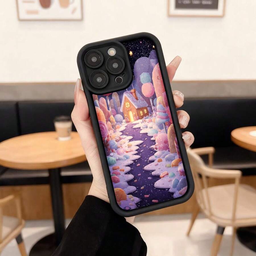 Cubierta de telefono con borde negro diseño de paisaje fantastico con casa de dulces y camino de algodón de azucar para uso diario en cafeterias Aplicable a los teléfonos de la serie Apple y Galaxy - Burdeos - Ver 1