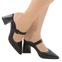 Sandália Feminina Tamanco Bico Fino Mule Salto Bloco Médio 7,5 Calce Fácil Verniz Confortável