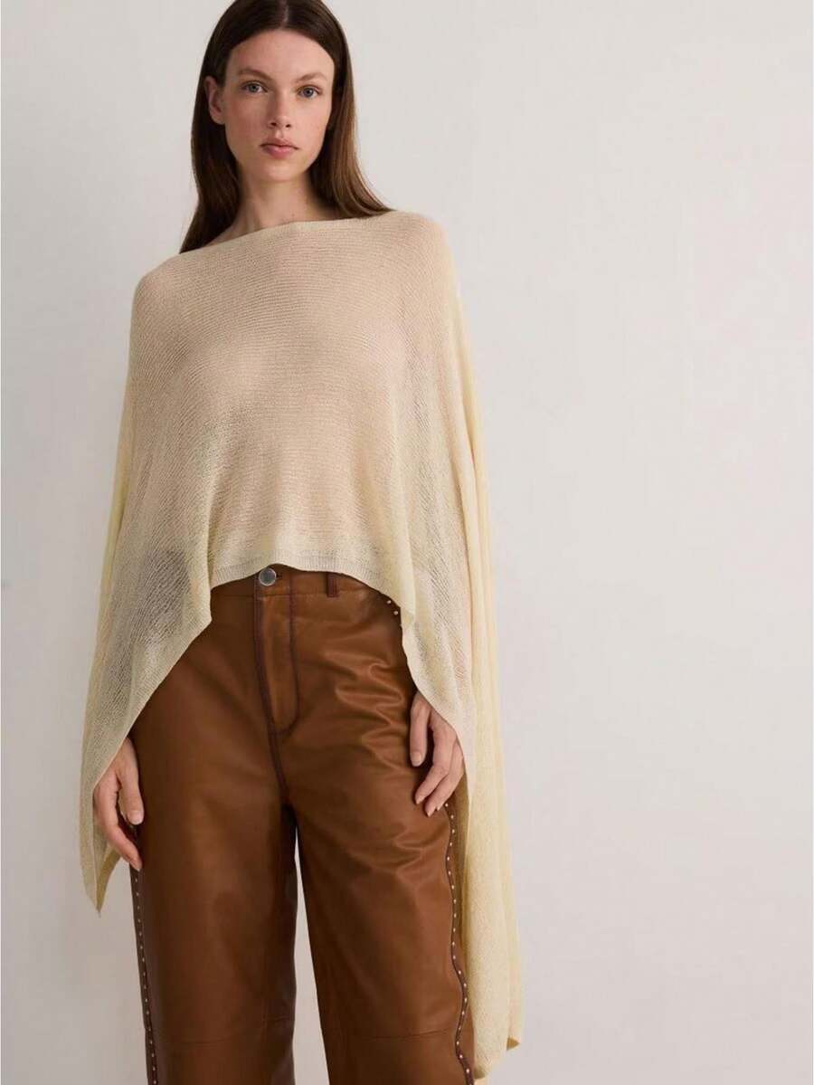 Women's Pullover Poncho Sweater Boat Neck Solid Color Asymmetrical Knit Tops Shawl Wraps - 香檳色 - 查看 1