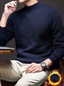 Men's Stand Collar Long Sleeve Solid Color Casual Pullover Sweater, Warm Knitted Fabric For Autumn/Winter - Navy Blue - View 2