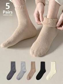 5双装女士保暖冬袜，加厚加大码经典抓绒袜，纯色美利奴羊毛袜，防寒防雪，保暖内衬，适合秋冬季节，吸湿排汗，速干，时尚百搭，黑色。圣诞礼物 - 多色A - 查看 8