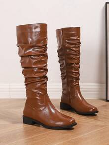 女士时尚驼色褶皱长靴，厚底过膝长靴，侧拉链设计，中筒搭扣宽松靴，西部风格休闲冬靴，适合假日、派对等场合，尖头舒适中跟通勤靴 - 駝色 - 查看 7