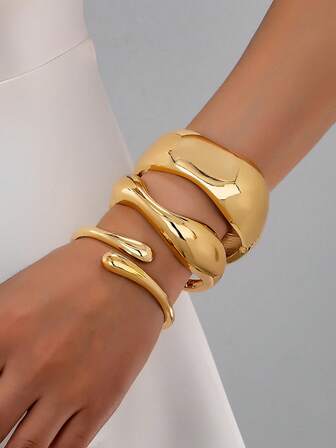 1/3件套波西米亚风夸张时尚金属光滑水滴几何手镯，百搭饰品，适合日常及节日佩戴