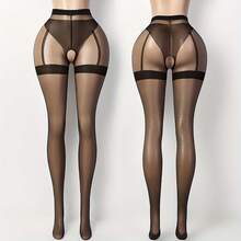 Women's Sheer Crotchless Pantyhose - High Waist Back Zipper Design, Black Sexy Stockings, Comfortable And Easy To Wear And Take Off, Machine Washable Fashion Legwear - 黑色 - 查看 6