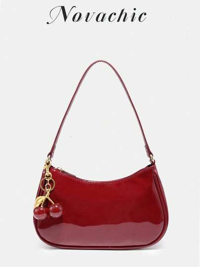 1 pieza Adorno de cereza lacado brillante, decoración colgante novedosa, bolso de hombro minimalista burdeos para mujer, cierre con cremallera, estilo vintage, bolso de debajo del brazo, adecuado para múltiples ocasiones