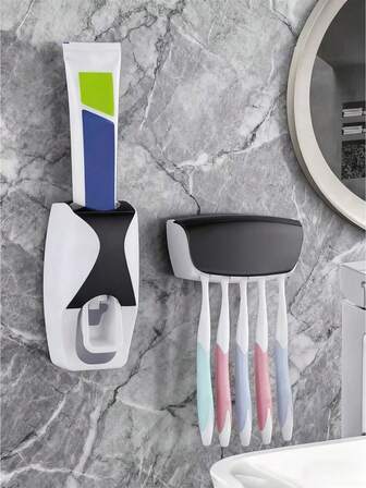 1 set väggmonterad tandborsthållare med automatisk tandkrämspress, rymmer 5 tandborstar, ingen ström krävs, plastmaterial, badrumstillbehör badrumsinredning höstdekoration tillbaka till skolan