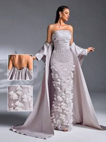 A Light Gray 3D Petal Beaded Embroidery Satin Strapless Long Cape Mermaid Luxury Evening Gown Party Spring Wedding - Mauve Purple - View 1