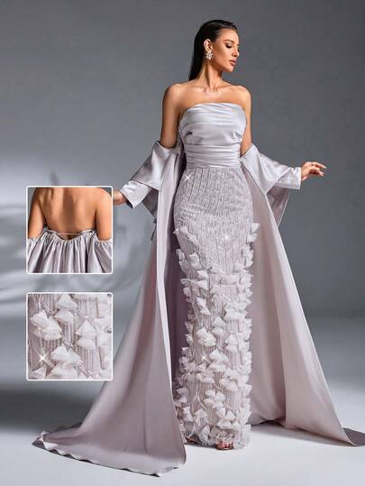 فستان سهرة طويل فاخر بتصميم ذيل حورية البحر، بتطريز خرزي ثلاثي الأبعاد على شكل بتلات، بدون أكتاف، من القماش الأطلسي باللون الرمادي الفاتح