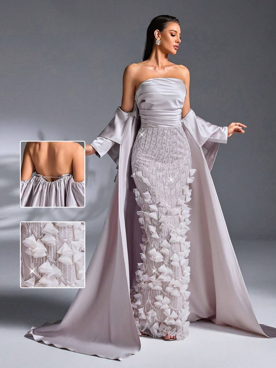 A Light Gray 3D Petal Beaded Embroidery Satin Strapless Long Cape Mermaid Luxury Evening Gown Party Spring Wedding - Mauve Purple - View 1