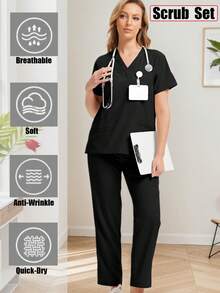 Women's Scrub Set Wear-Resisting Dental Nurse Uniform Scrubs V-Neck Top & Jogger Pants - Black - View 1