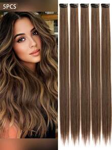 5 PCS Brown Mix Dark Brown Colored Clip In Hair Extensions 20 Inch Long Straight Hairpieces Clip In Synthetic, Halloween Cosplay Dress Up Fashion Party Christmas New Year Gift For Women Christmas New Year Carnival Music Festival Use(Brown Mix Dark Brown) - Multicolor - View 10