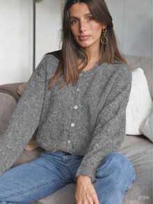 Vintage Button-Up Gray Knit Cardigan Sweater For Women, Round Neck Top - Grey - View 3