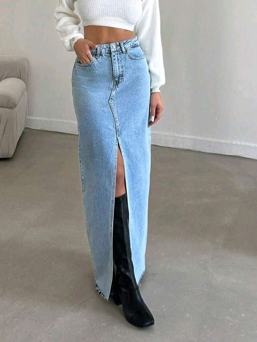 Women's Slim-Fit Mid-Length Non-Stretch Denim Skirt, With Split Hem Detail And Pocket Design - Casual Mid-Length Denim Skirt For Spring, Summer, Autumn And Winter - Light Wash - View 1