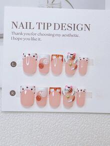 10pcs Y2K Nails Pipe-Shaped Press On Nails Set - Handcrafted, Pink Nails, White Nails, White French Tip Nails, Handmade 3D Cat And 3D Button Design, Hand Drawn Polka Dot And Stripe Pattern Decoration, Sparkling Gold Star Accents, Delicate Cute Nails - Suitable For Women And Girls, Party, Wedding, Daily Wear, Diy Nail Art, Nail Set - 彩色 - 查看 3