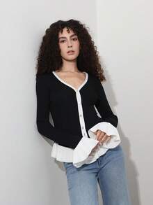 Contrast Color Knit Patchwork Cardigan Sweater - Black and White - View 7