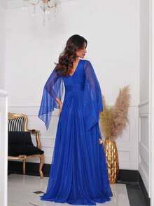 Luxury Long Dress With Flowing Sleeves And Deep Neckline – Timeless Elegance And Sparkle For Parties* - 寶藍色 - 查看 2