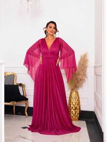 Luxury Long Dress With Flowing Sleeves And Deep Neckline – Timeless Elegance And Sparkle For Parties* - 玫瑰紅 - 查看 3