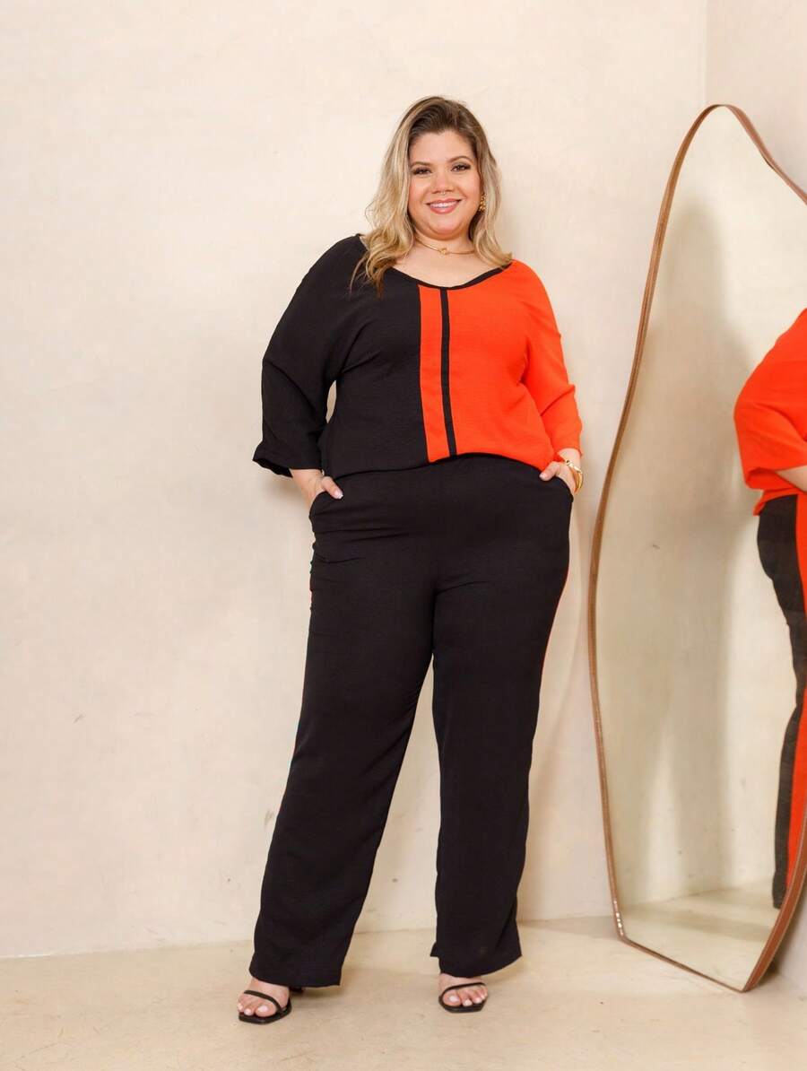 Maison Set: Raglan Sleeve Blouse And Plus Size Summer Pants - 橘色 - 查看 1