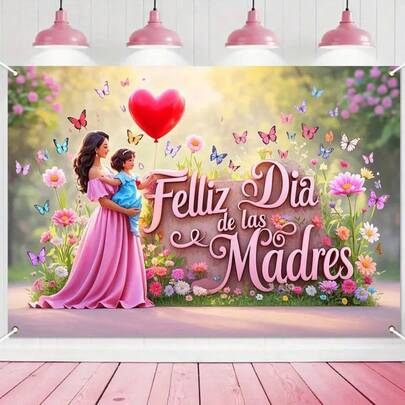 1 pieza "Feliz Día de la Madre" Pancarta - Mujer con vestido rosa y bebé con globos con forma de corazón, mariposas y flores de colores, fondo de fibra de poliéster (3 tamaños), sin necesidad de electricidad para decoración de fiesta/evento, fondo de fiesta | Escena romántica | Poliéster duradero, regalo del Día de la Madre