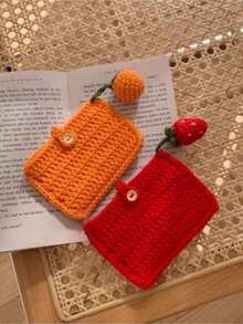 1pc Handmade Knitted Cute Orange & Strawberry Coin Purse, Card Holder, Earphone Case, Small Bag, Wallet & Card Holder Passport Cover Passport Holder Passport Case For Travel Lightweight Waterproof Travel Accessories Cruise Essentials Vacation Essentials For Men Women - Multicolor - View 2