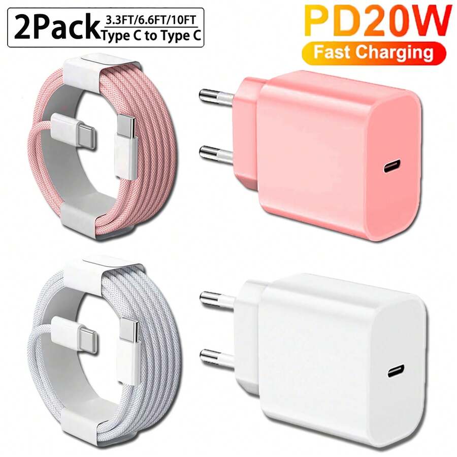 PD Charger 20W Fast Charging Type-C Power Adapter With 1 USB C To C Data Cable (Length: 3.3FT/6.6FT/10FT) Compatible With IPhone 17,16,15 Pro Max,WithSamsung Fast Charging Cable Phone Charger High Output Power - EU C Type Plug(220-240V) - View 1