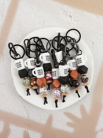 1pc Flower Print Silicone Beaded Keychain, Cute Keychain Pendant For Bag, Car Keys, Gift For Friends, Family, Teachers