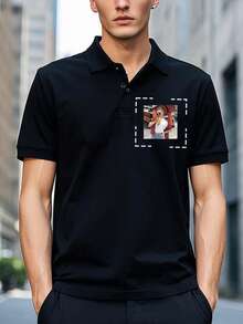 Camisa polo personalizada para hombres, compatible con subir imágenes e ingresar texto, generación de texto, diseño minimalista y elegante - Negro - Ver 2