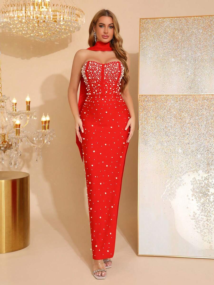 Vestido de dama de honor con decoración de cuentas, sin tirantes, con abertura alta y efecto vendaje, vestido tubo para fiesta de vacaciones - Rojo - Ver 1