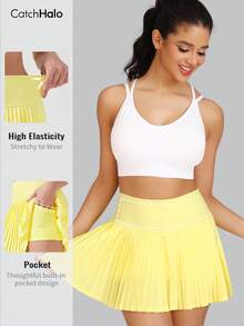 Women's Solid High Waist Pleated Tennis Skirt, Vibrant Yellow, Built-In Pocket 4-Way Stretch Waistband Squat Proof Sports Skirt, Gym Running Badminton Daily