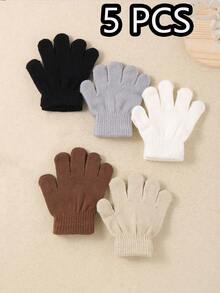 5双装幼儿五指冬季保暖手套，儿童加厚防寒针织手套