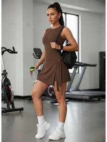 Women's Solid Side - Knot 2 - In - 1 Sleeveless Sports Dress With Built - In Shorts For All - Season Daily  Outdoor Wear - Màu nâu  Mocha - Xem 7