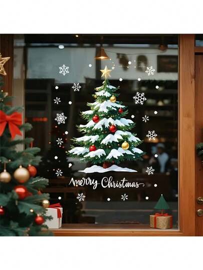 1PC Creative Static Electric Christmas Tree Window Sticker, PVC Static Adsorption Removable And Reusable, Suitable For Christmas Home Glass Window Decoration, Shop Mall Merchandise Window Decoration - Christmas Decorative Sticker