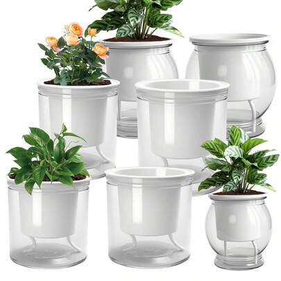 1Set Self-Watering Flower Pot With Cotton Rope – Transparent Double-Layer Resin Planter With Built-In Water Reservoir, Easy-Care Automatic Watering Design For Indoor Outdoor Plants, Home Garden Decor, Succulents And Herbs Growing