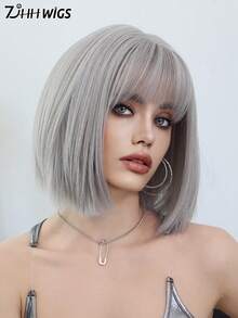 7JHH WIGS Elegant 12'' Bob Women's Wigs - Gray Short Straight Wig With Bangs Mix White Highlight Hair, Natural Looking Synthetic Heat Resistant Fiber Fake Hair Wigs For Women & Girls Daily Use, Festival Ready & Party Decoration Wigs Accessory