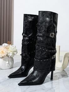2025 Autumn/Winter New Pointed Toe Stiletto Heel Punk Style Knee-High Boots