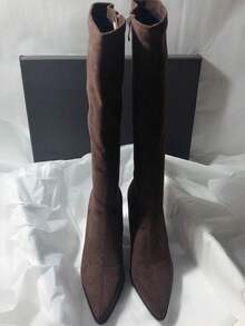 秋冬韩版极简过膝长靴，弹力绒面革修身短靴，侧拉链尖头高跟鞋